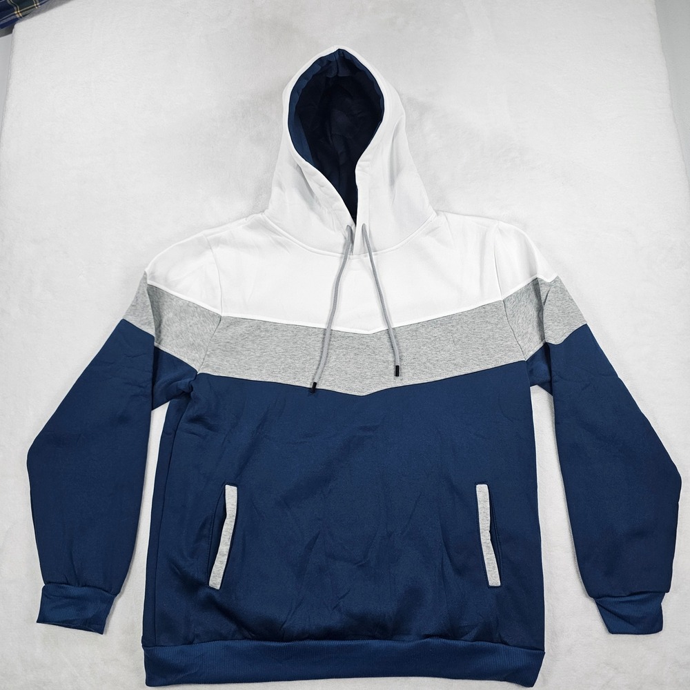 Mens Colorblock Chevron Hoodie Navy Blue Grey White Sweatshirt XL Unknown Sorce